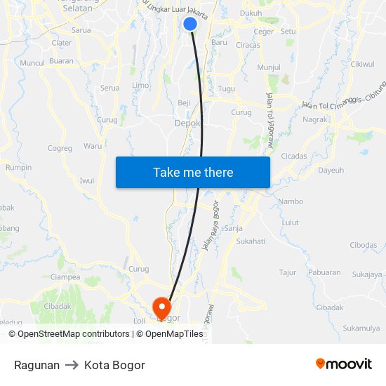 Ragunan to Kota Bogor map