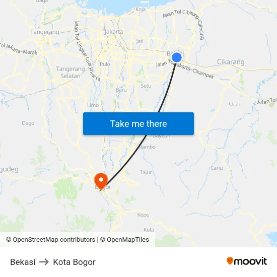 Bekasi to Kota Bogor map