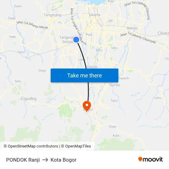 PONDOK Ranji to Kota Bogor map