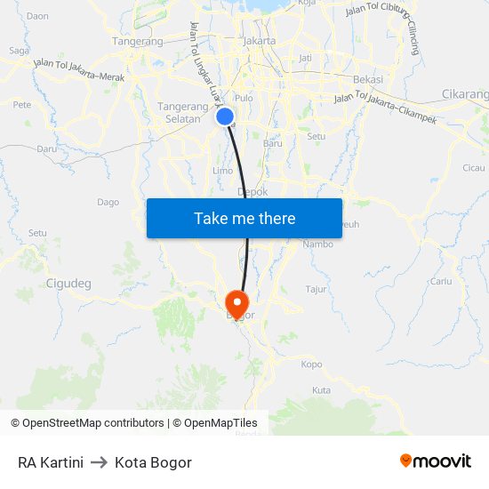 RA Kartini to Kota Bogor map