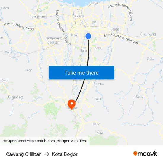 Cawang Cililitan to Kota Bogor map