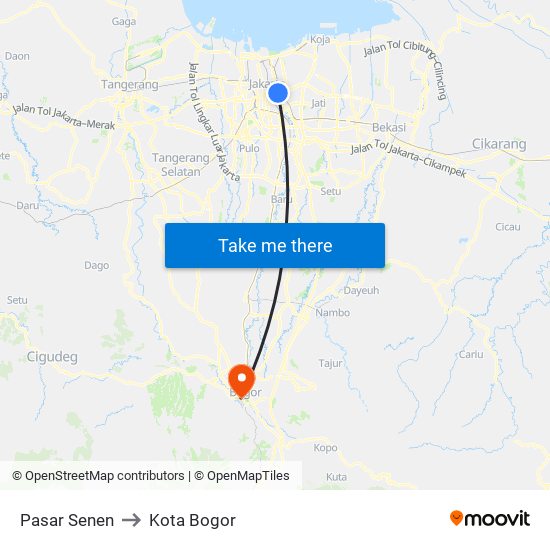 Pasar Senen to Kota Bogor map