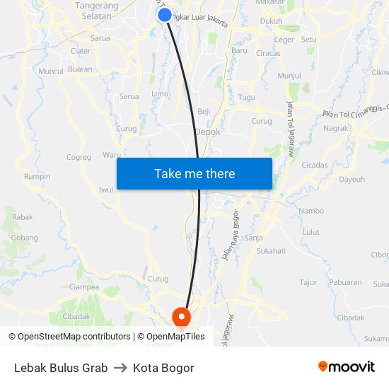 Lebak Bulus Grab to Kota Bogor map