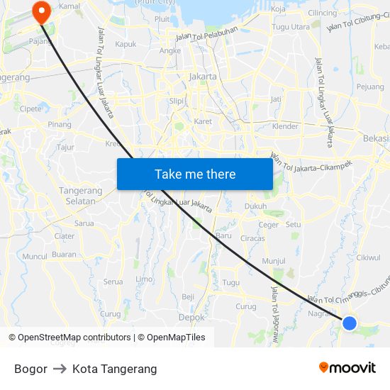 Bogor to Kota Tangerang map