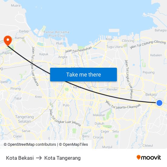 Kota Bekasi to Kota Tangerang map