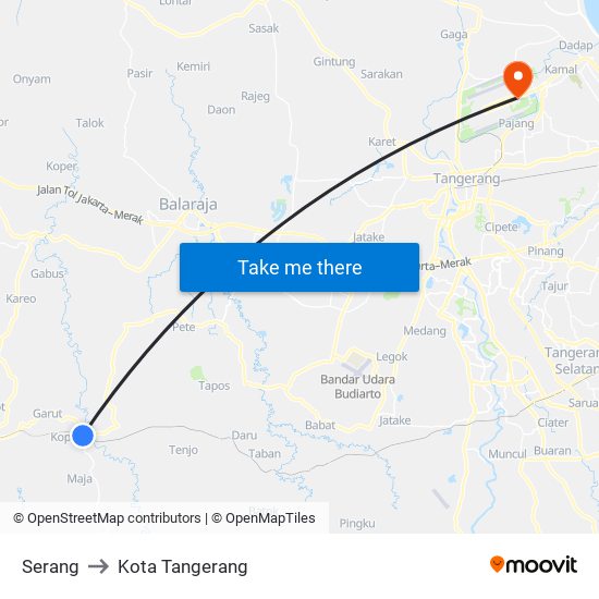Serang to Kota Tangerang map