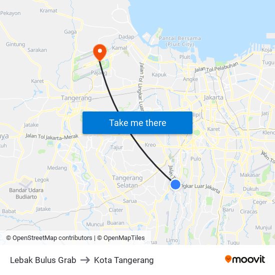 Lebak Bulus Grab to Kota Tangerang map