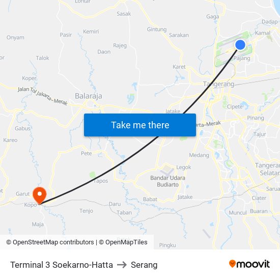 Terminal 3 Soekarno-Hatta to Serang map