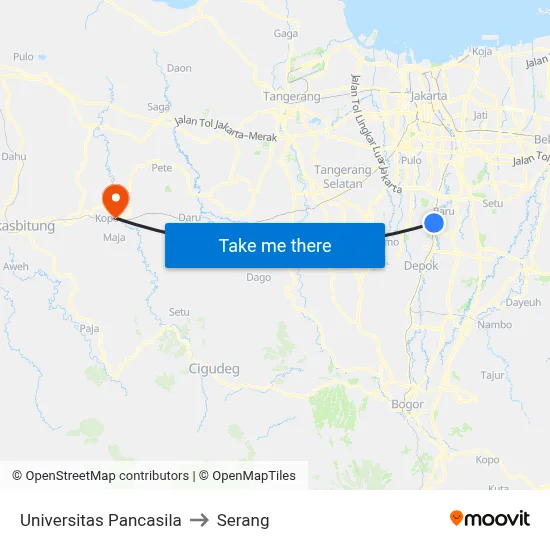 Universitas Pancasila to Serang map