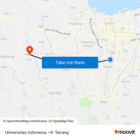 Universitas Indonesia to Serang map