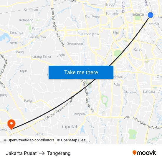 Jakarta Pusat to Tangerang map