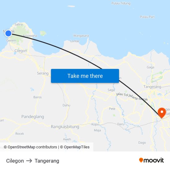 Cilegon to Tangerang map