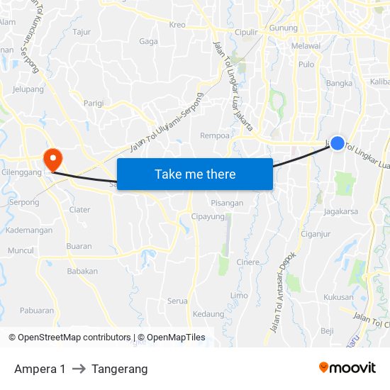 Ampera 1 to Tangerang map