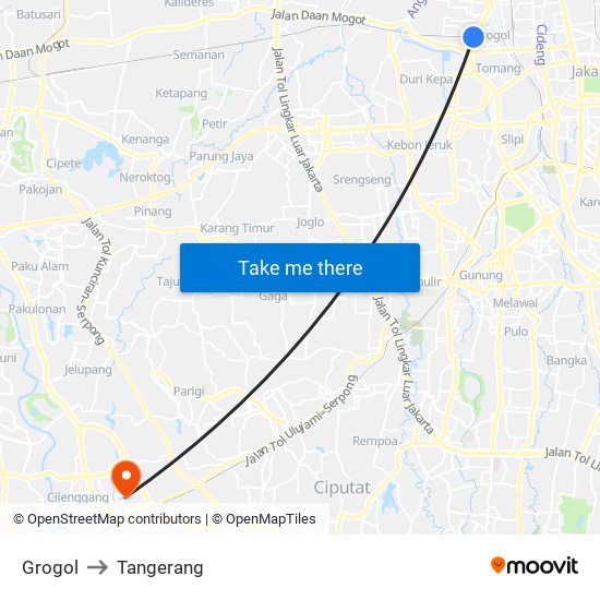 Grogol to Tangerang map