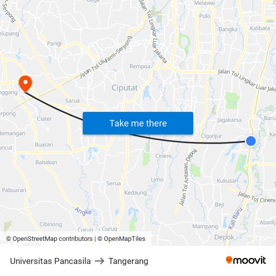 Universitas Pancasila to Tangerang map