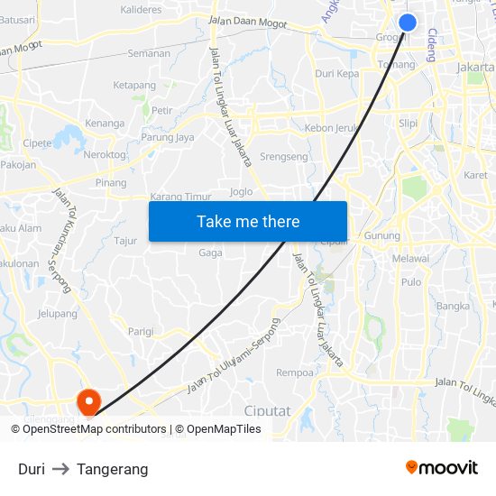 Duri to Tangerang map