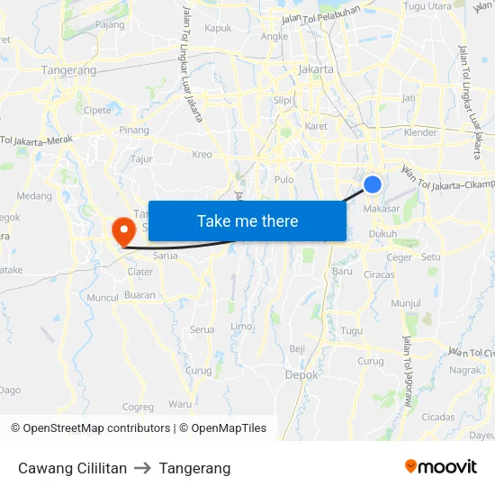 Cawang Cililitan to Tangerang map