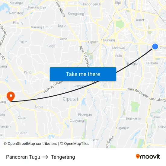 Pancoran Tugu to Tangerang map