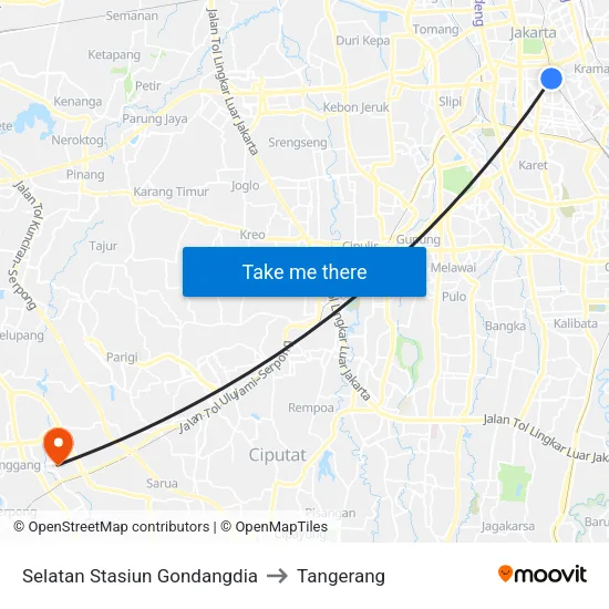 Selatan Stasiun Gondangdia to Tangerang map