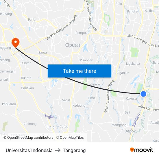 Universitas Indonesia to Tangerang map