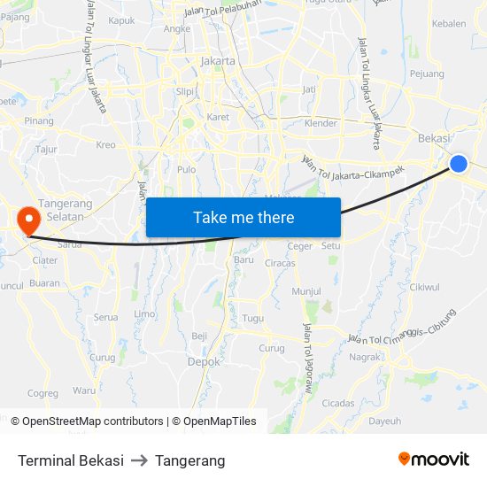 Terminal Bekasi to Tangerang map