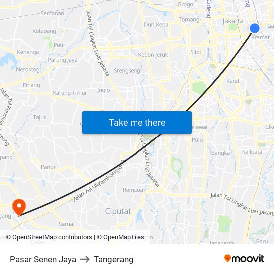 Pasar Senen Jaya to Tangerang map