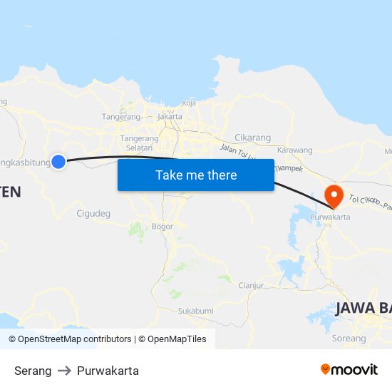 Serang to Purwakarta map