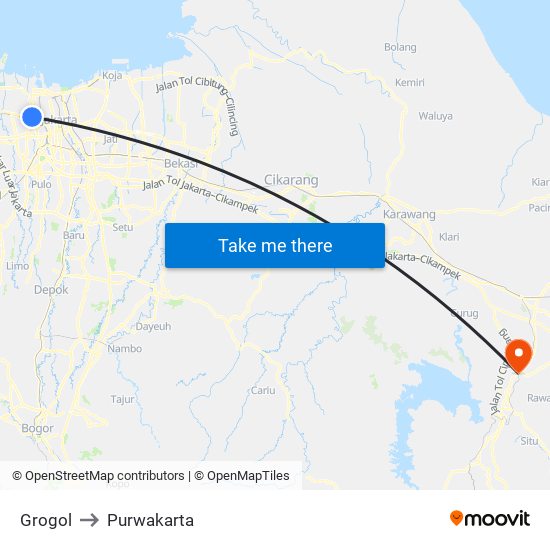 Grogol to Purwakarta map