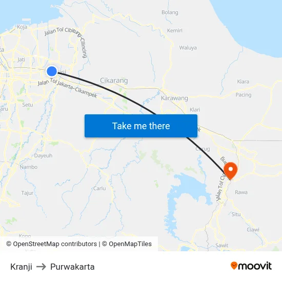 Kranji to Purwakarta map