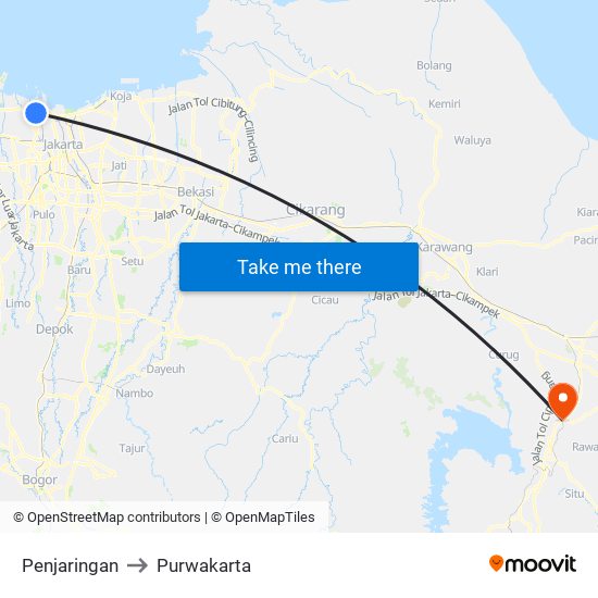 Penjaringan to Purwakarta map