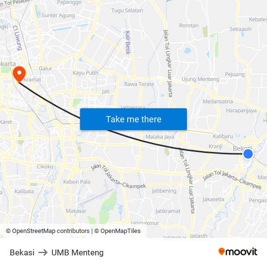 Bekasi to UMB Menteng map
