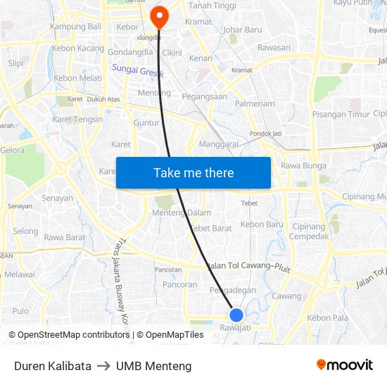 Duren Kalibata to UMB Menteng map