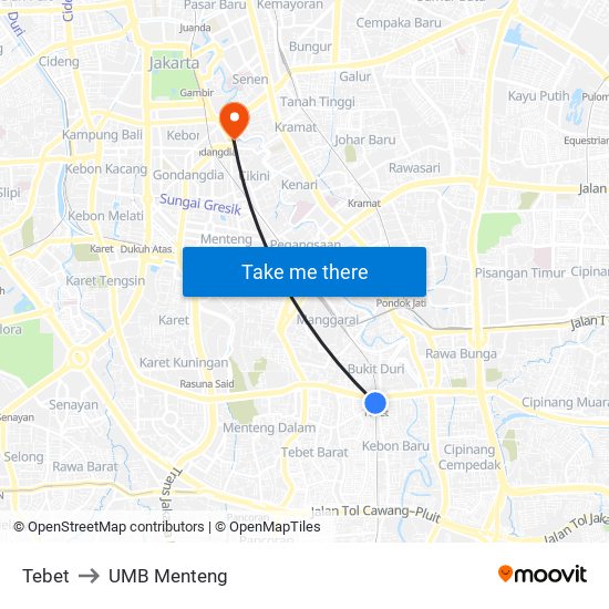 Tebet to UMB Menteng map