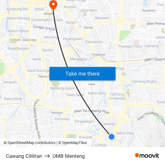 Cawang Cililitan to UMB Menteng map