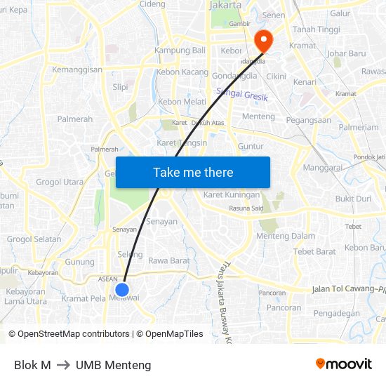 Blok M to UMB Menteng map