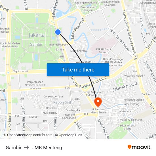 Gambir to UMB Menteng map