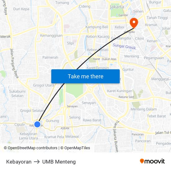 Kebayoran to UMB Menteng map