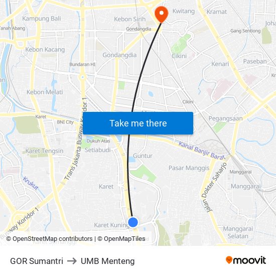 GOR Sumantri to UMB Menteng map