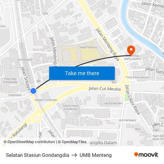 Selatan Stasiun Gondangdia to UMB Menteng map