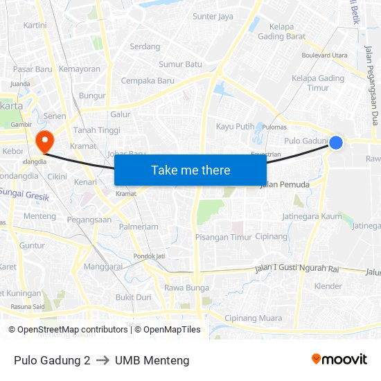 Pulo Gadung 2 to UMB Menteng map