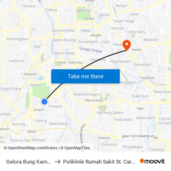 Gelora Bung Karno 2 to Poliklinik Rumah Sakit St. Carolus map