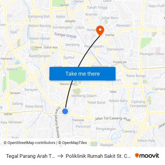 Tegal Parang Arah Timur to Poliklinik Rumah Sakit St. Carolus map