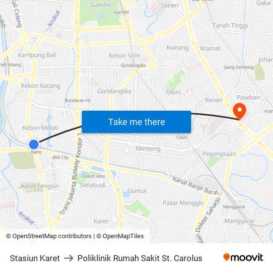 Stasiun Karet to Poliklinik Rumah Sakit St. Carolus map