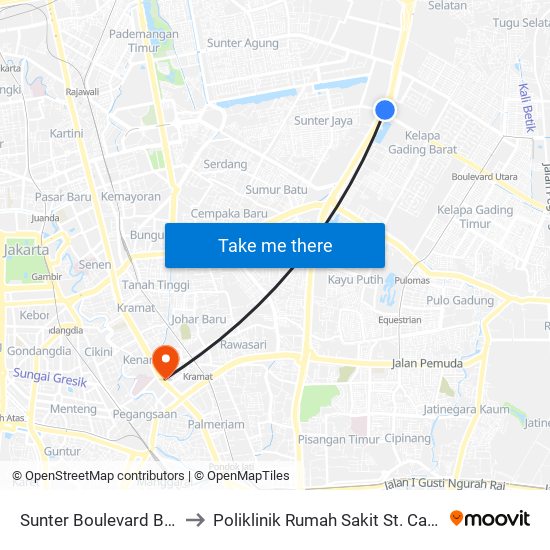 Sunter Boulevard Barat to Poliklinik Rumah Sakit St. Carolus map