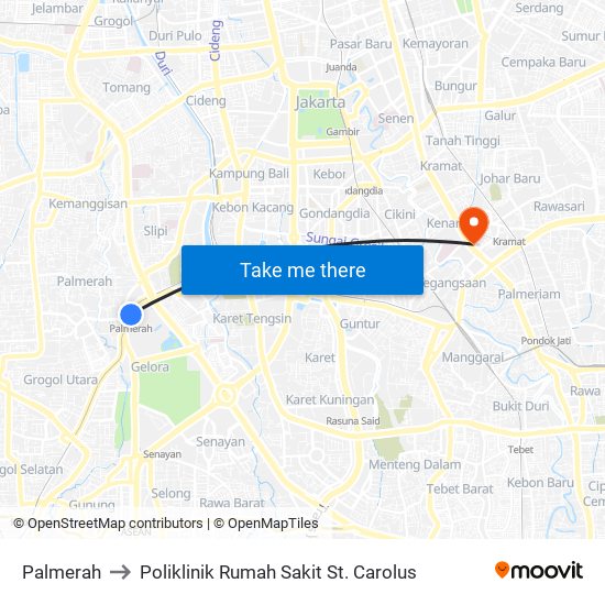 Palmerah to Poliklinik Rumah Sakit St. Carolus map