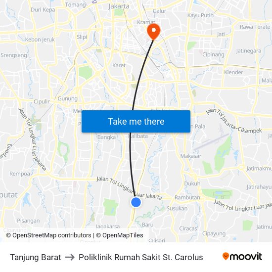 Tanjung Barat to Poliklinik Rumah Sakit St. Carolus map