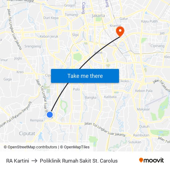 RA Kartini to Poliklinik Rumah Sakit St. Carolus map