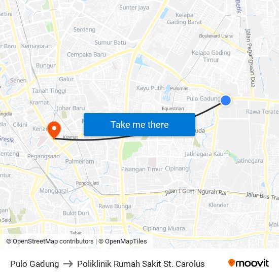 Pulo Gadung to Poliklinik Rumah Sakit St. Carolus map