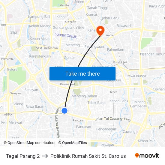 Tegal Parang 2 to Poliklinik Rumah Sakit St. Carolus map