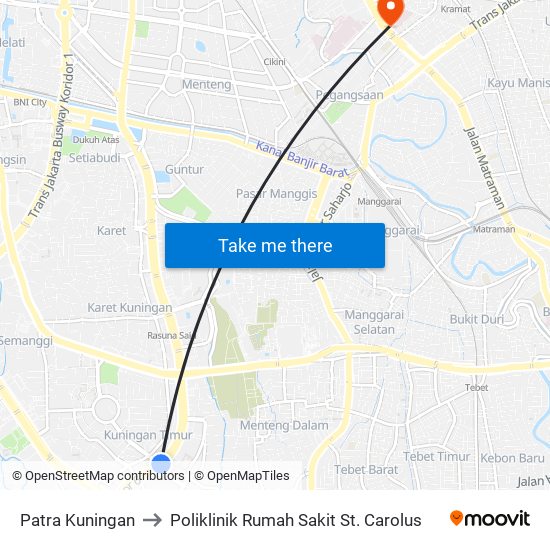 Patra Kuningan to Poliklinik Rumah Sakit St. Carolus map